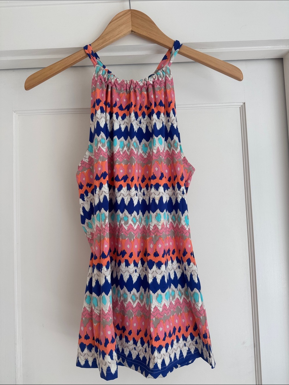 Sleeveless Halter Tank Top in Coral & Blue Chevron